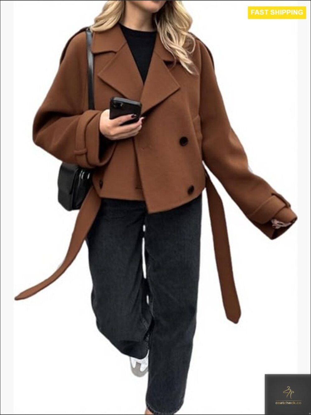 Cropped Wool Pea Coat Double Breasted Notched Lapel Trench Chic Oversized